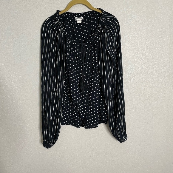 Billabong Black Mixed Print Stripe Polka Dot Blouse Long Sleeve Medium - Picture 3 of 6